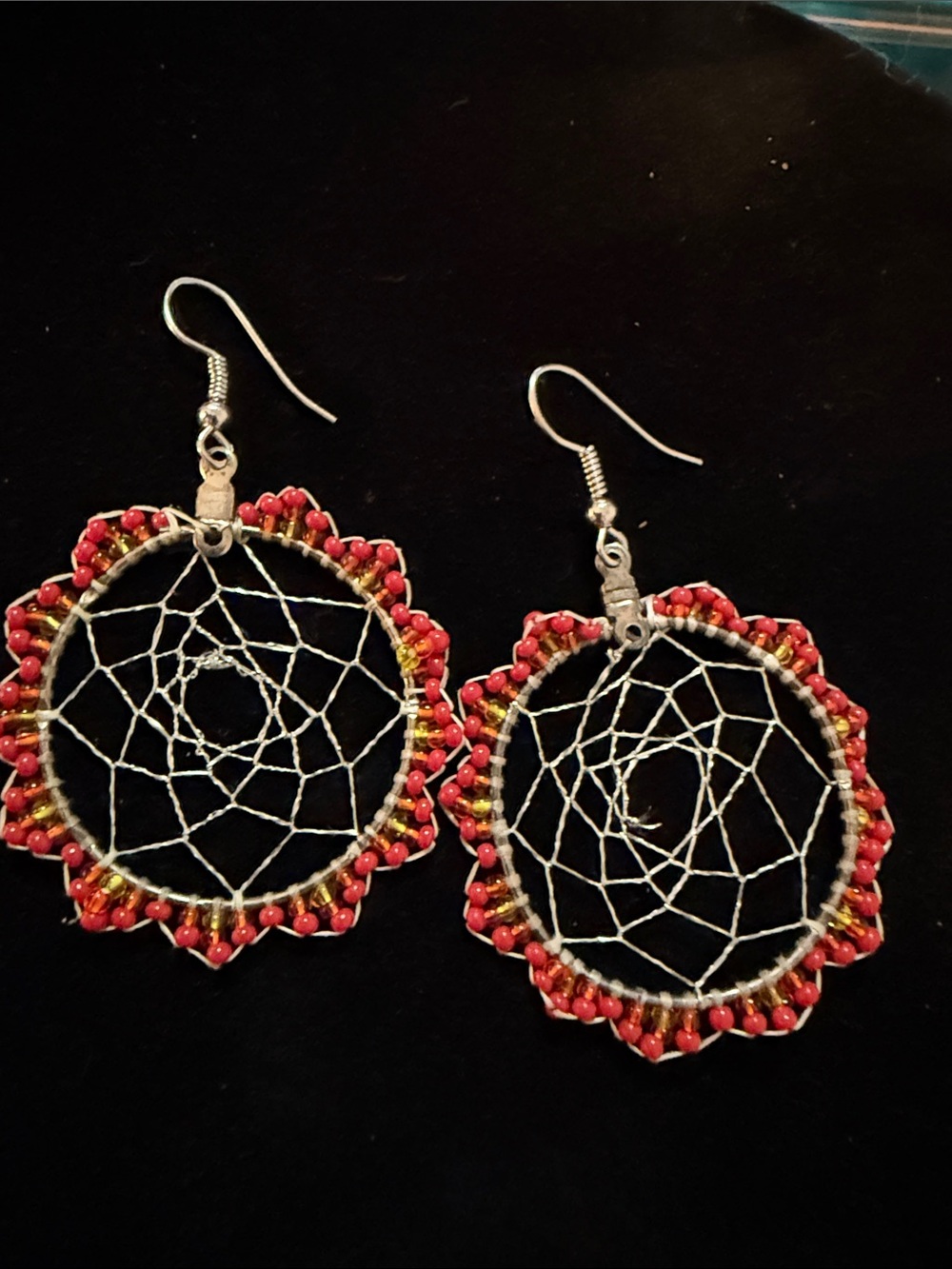 New Handmade by Me Women’s 2.5” Red Beaded Dreamcatcher silver Hoop Earrings